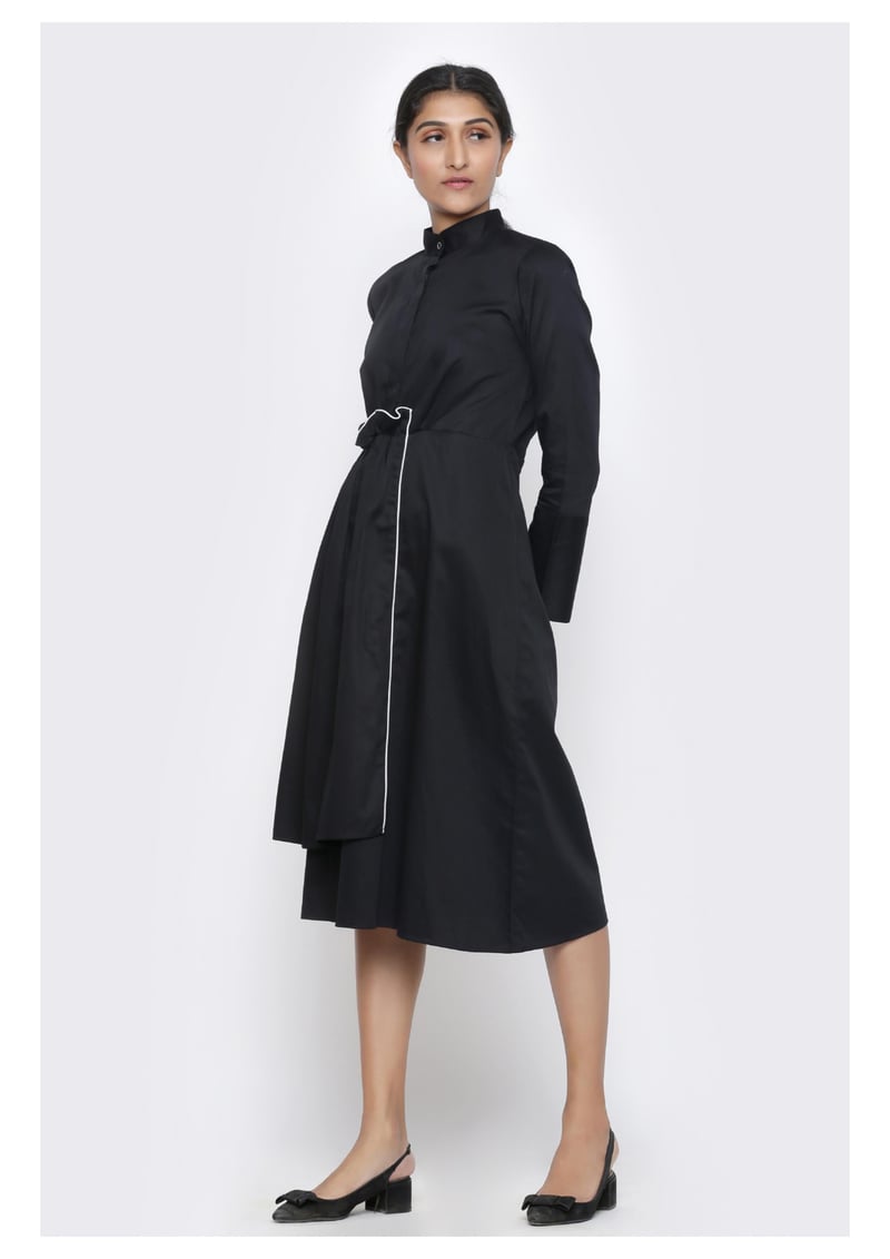 Black Cotton Satin Asymmetrical Midi Shirt Dress
