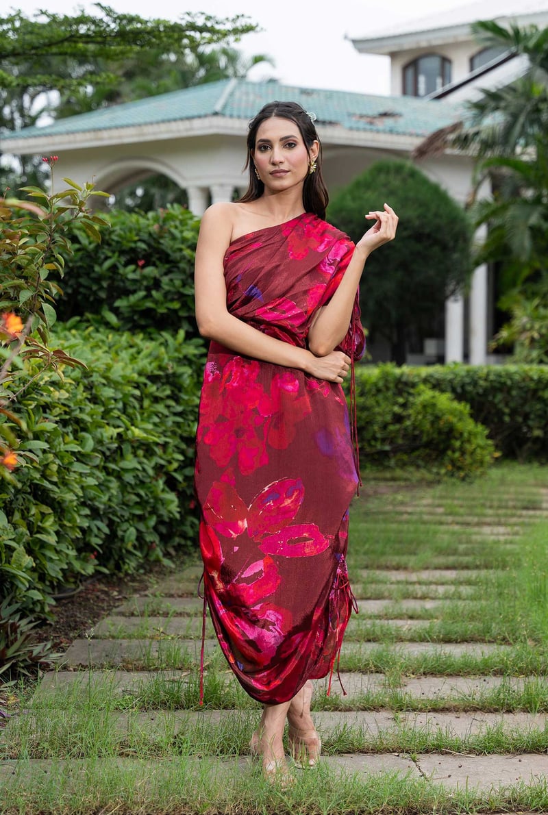 Wine One-Shoulder Floral Ruched Chinon Maxi Dress