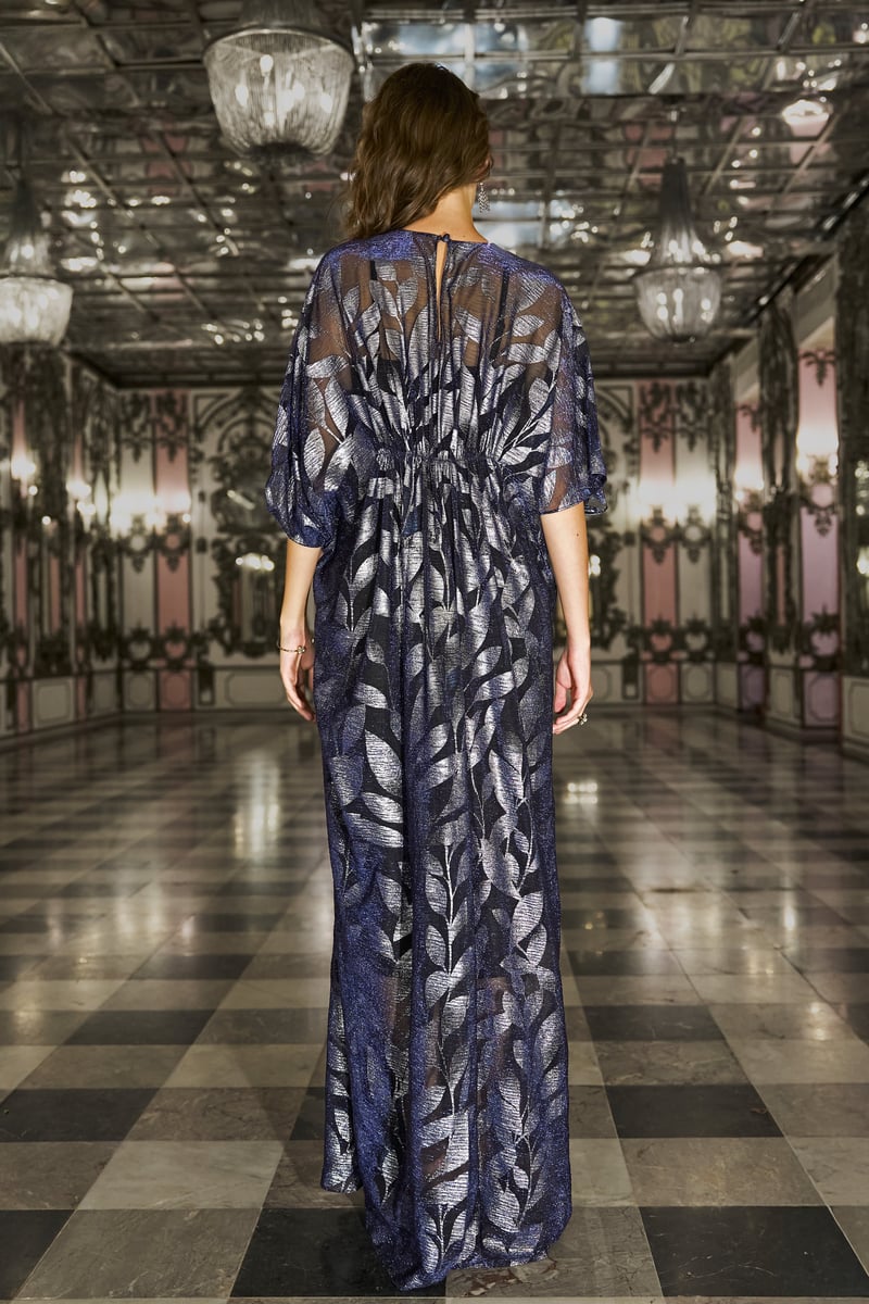Navy Metallic Leaf-Print Draped Maxi Kaftan
