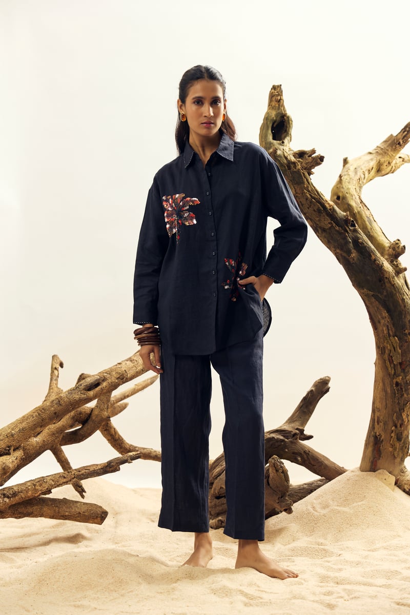 Navy Blue Linen Button-Down Shirt with Sequin Motifs