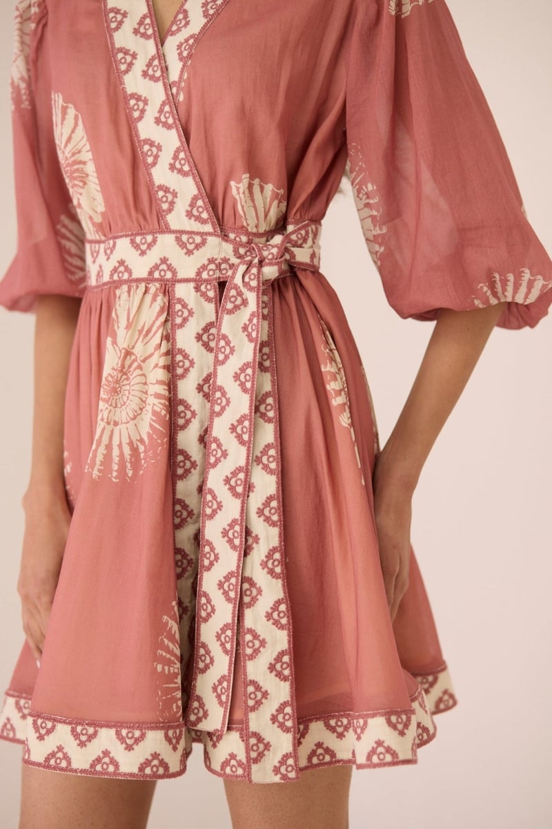 Nautilus Rose Cotton Wrap Mini Dress with Shell Print