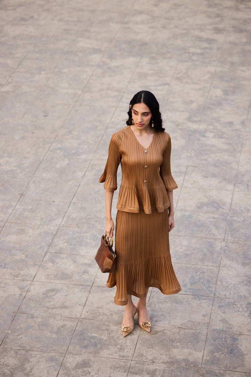 Mocha Pleated Top and Midi Skirt Co-ord Set