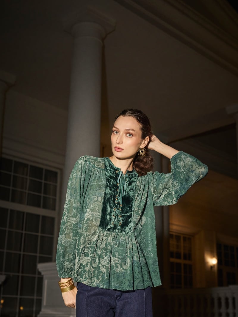 Green Burnt Velvet Lace-Up Yoke Flowy Top