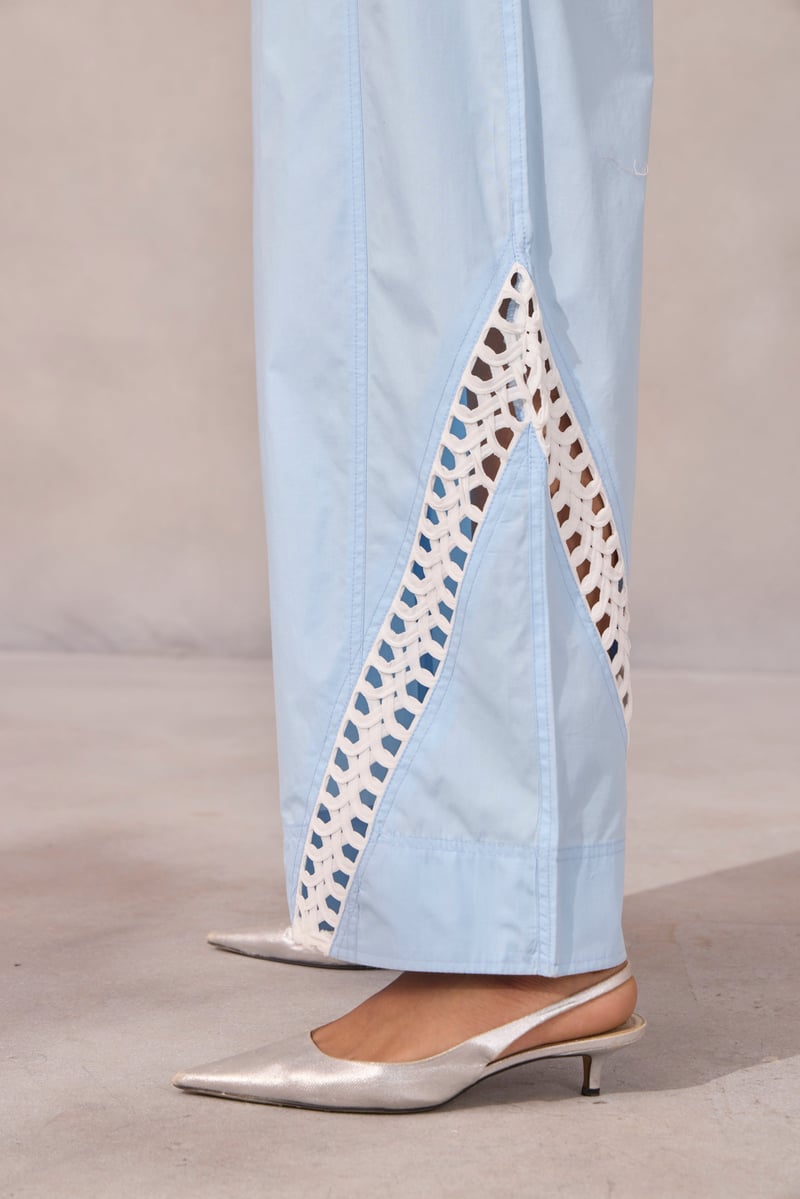 Frost Blue Wide-Leg Cotton Poplin Trousers with Lace Inlay