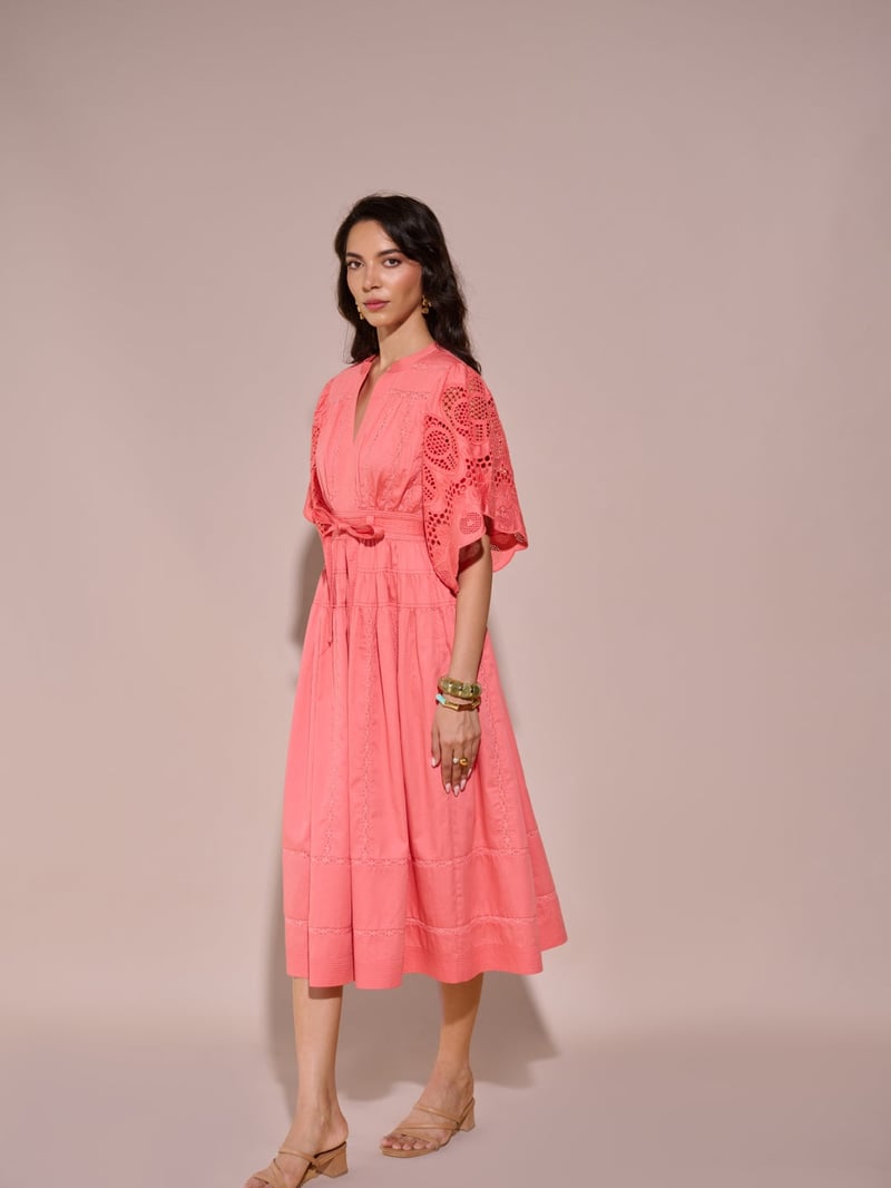 Pink Tiered Midi Dress with Schiffli Sleeves and Belt