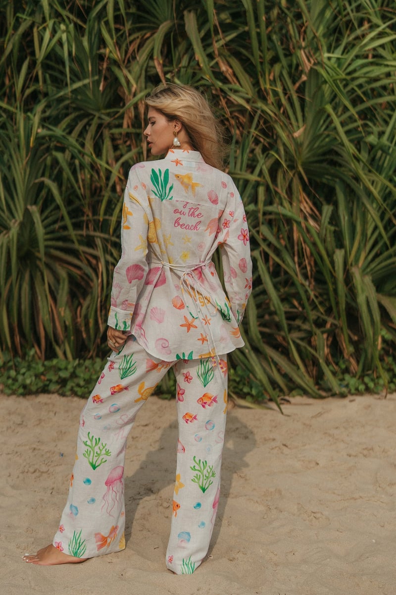 White Printed Linen Bootcut Trousers with Drawstring Waist