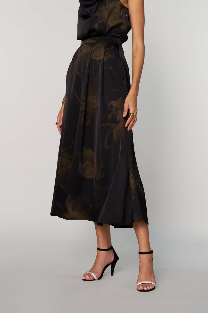 Black Satin Tonal Floral Print A-Line Midi Skirt