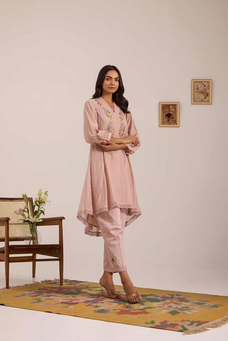 Lilac High-Low Flared Embroidered Kurta Set
