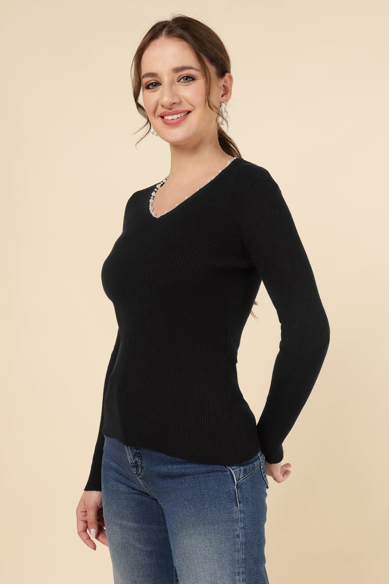 Black Rib-Knit V-Neck Sweater with Pearl Trim