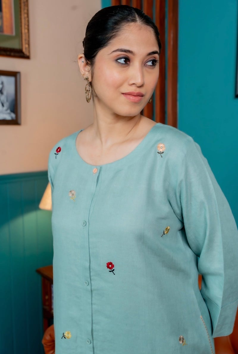 Blue-Green Linen Straight Kurta Set with Floral Embroidery