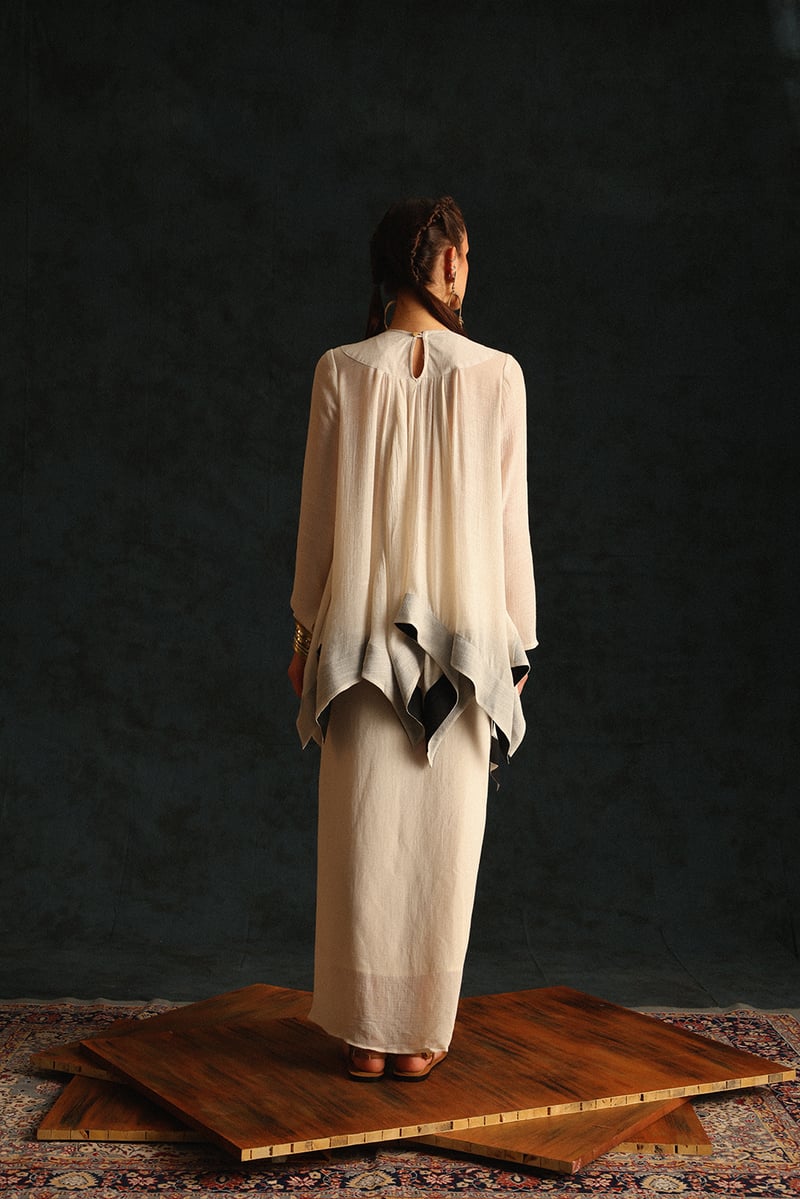 Off-White Coin-Embellished Co-ord Set with Draped Maxi Skirt