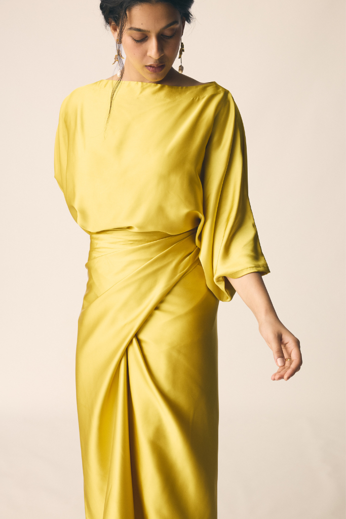 Yellow Satin Oversized Top and Wrap Maxi Skirt Co-ord Set
