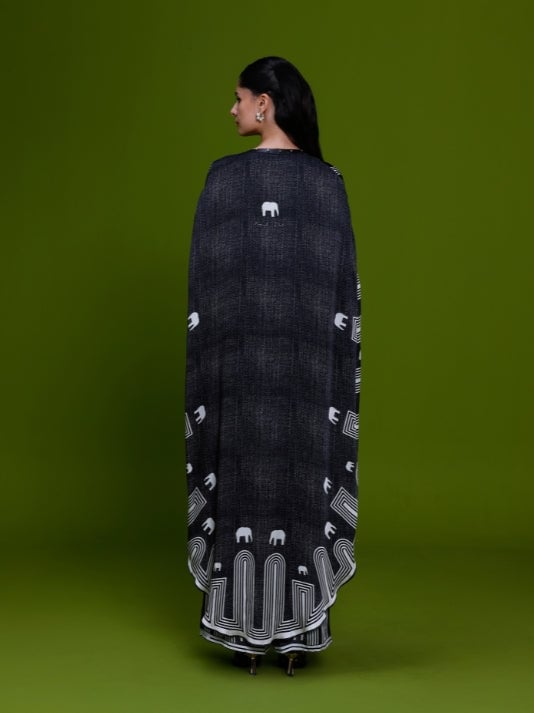 Black Cupro Satin Printed Kaftan and Pant Co-ord Set