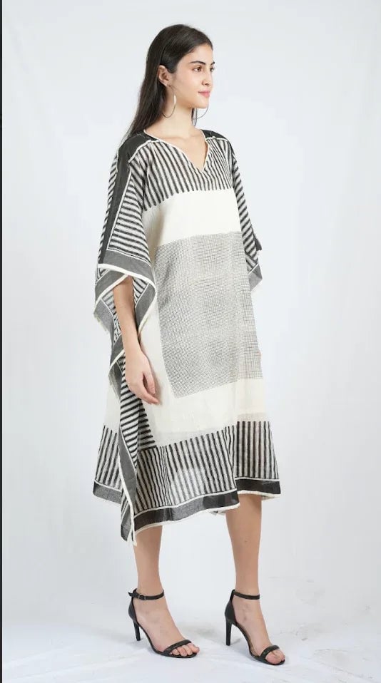 Black and White Striped Kaftan with V-Neck