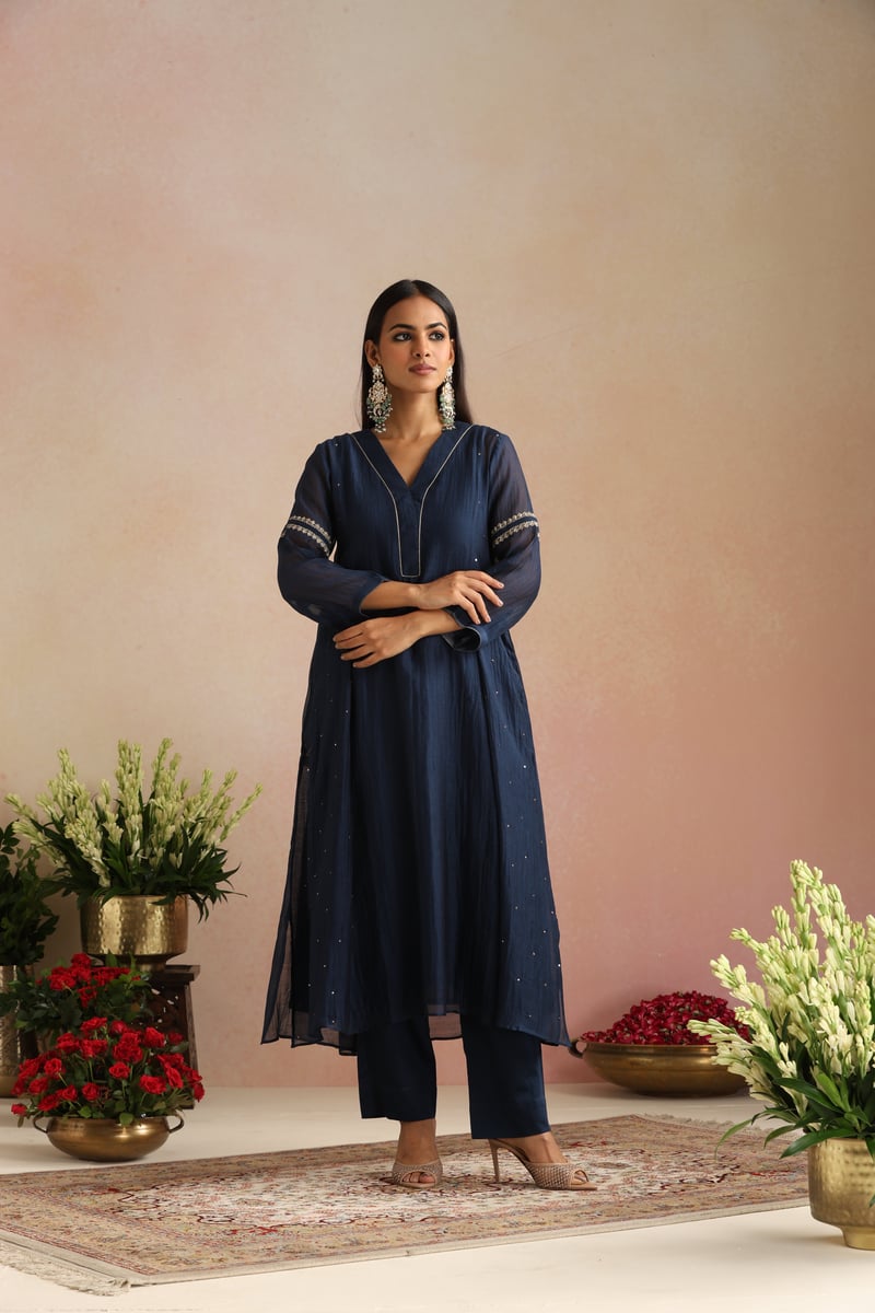 Navy Blue Silk Chanderi Embroidered Kurta Set
