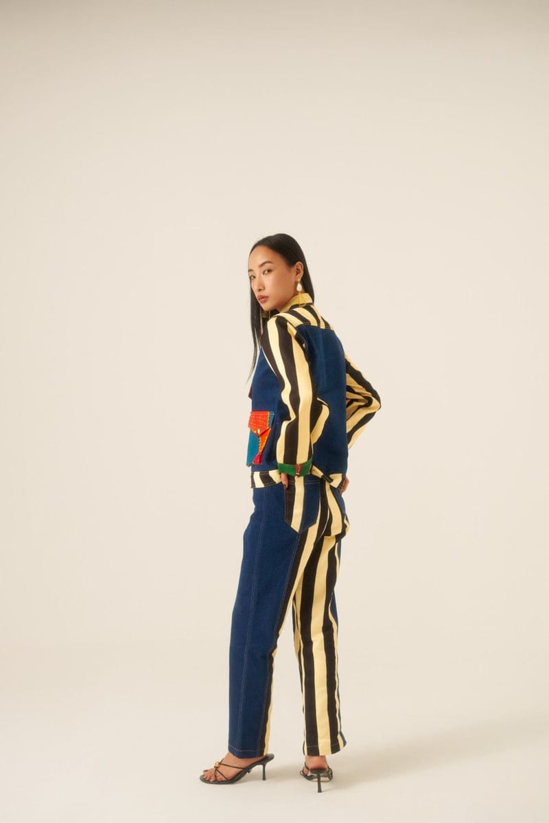 Multicolor Patchwork Denim Jacket with Striped Sleeves