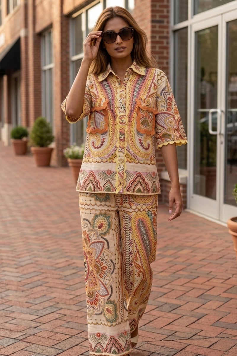 Multicolor Paisley Linen Shirt and Wide-Leg Co-ord Set