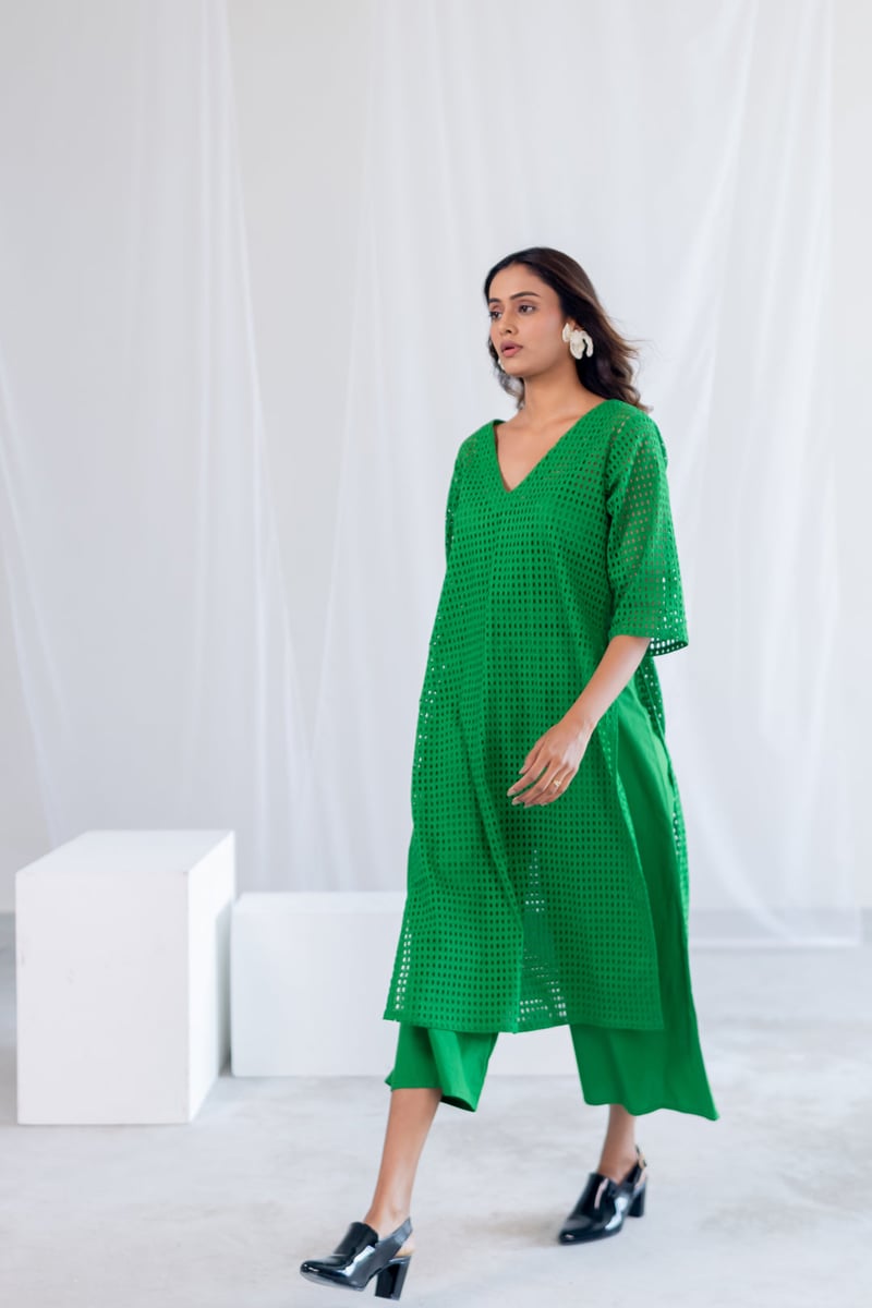 Emerald Green Schiffli Cutwork Kurta Set with Pants
