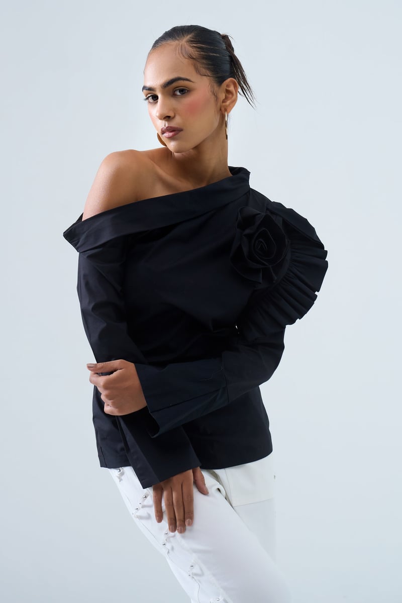 Black One-Shoulder Top with Sculpted Floral Detail