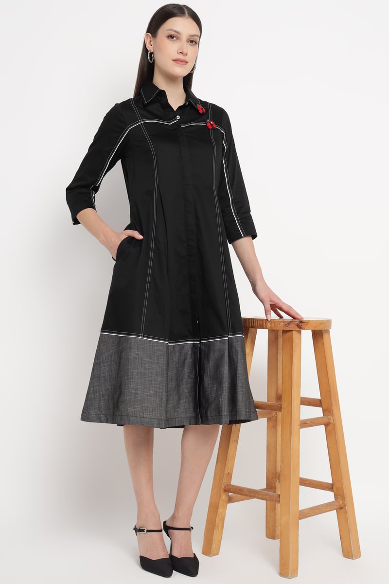 Black A-Line Midi Shirt Dress with Grey Colorblock Hem