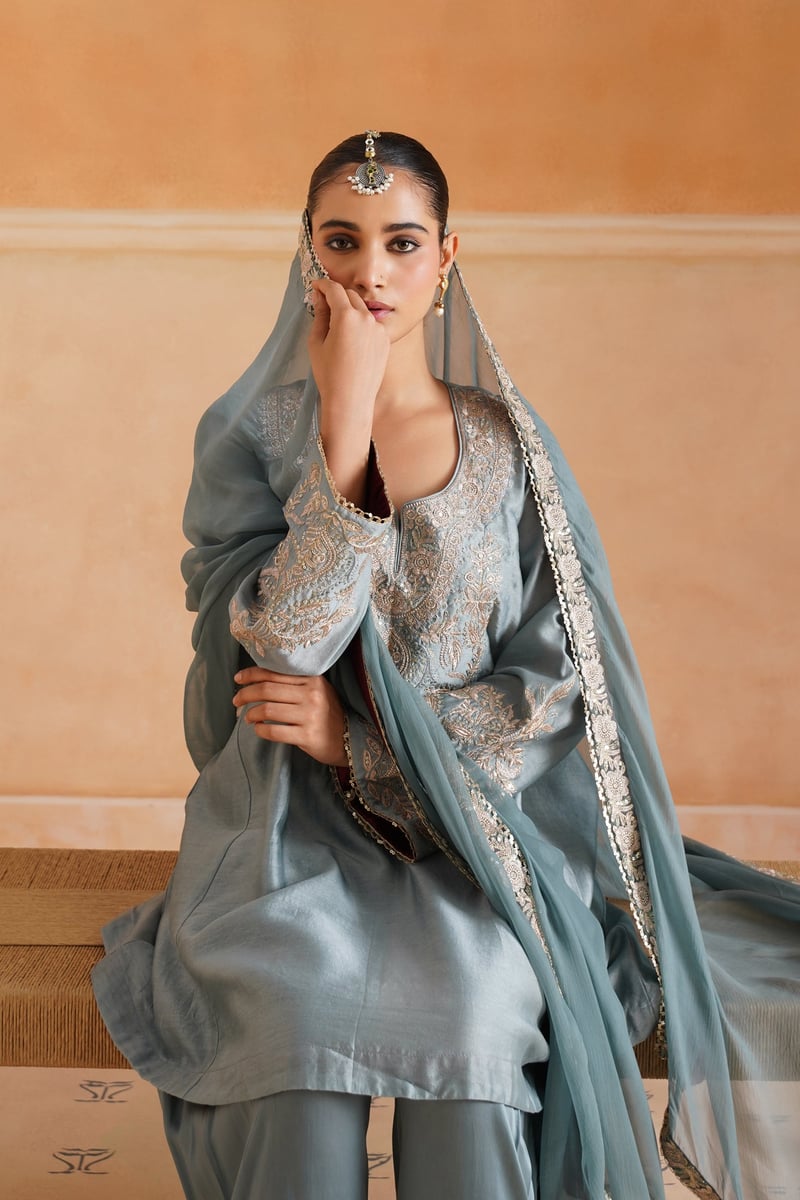Sage Blue Chanderi Embroidered Kurta Set with Dupatta