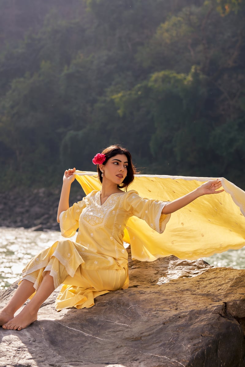 Yellow Cotton Embroidered Straight Kurta Set with Dupatta