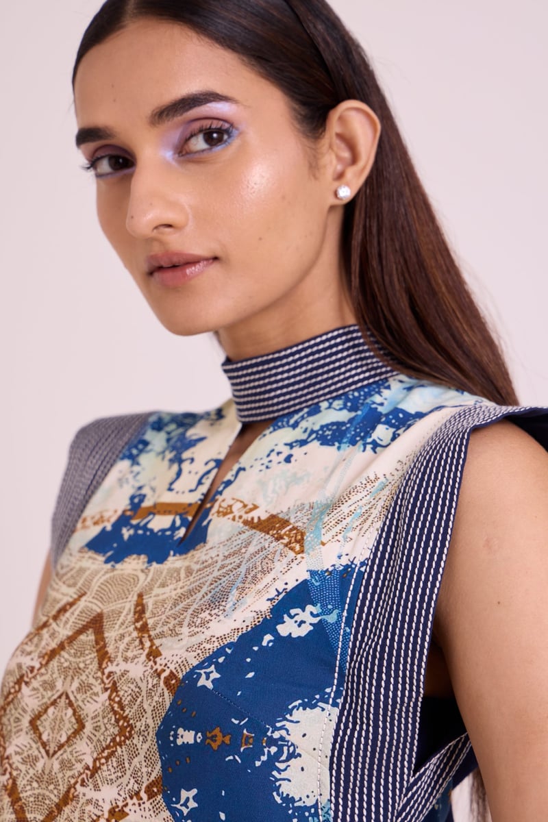 Ice Blue Printed Top and Divided Skirt Co-ord Set