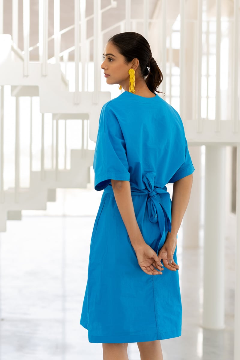 Blue Cotton Poplin Wrap Dress with Kimono Sleeves