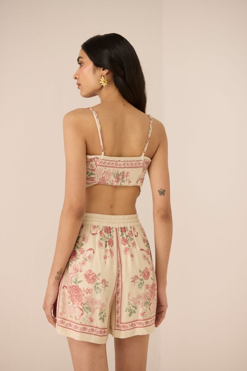 Azure Rose Floral Scarf Top with Smocked Back