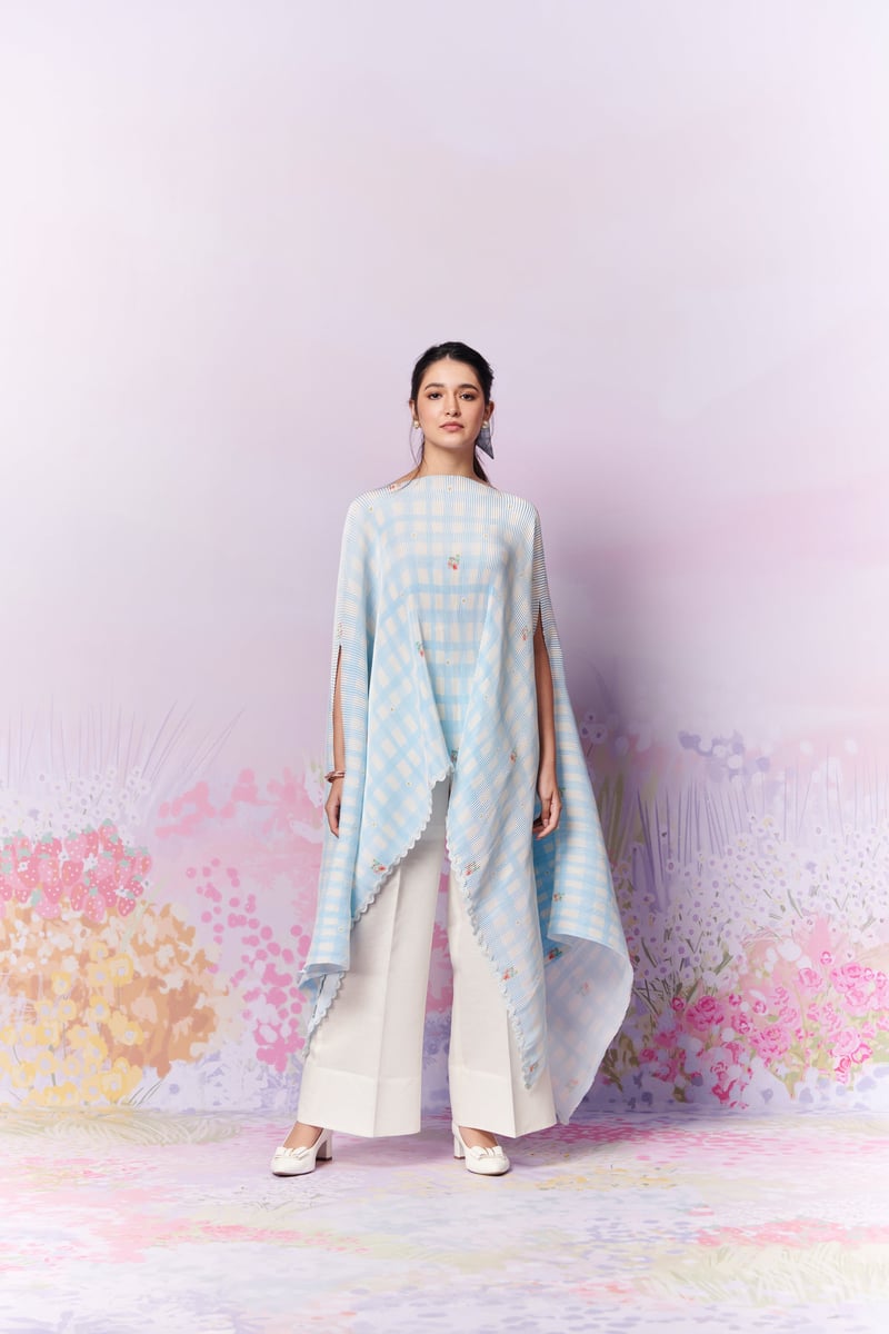 Blue/White Gingham Pleated Cape Overlay