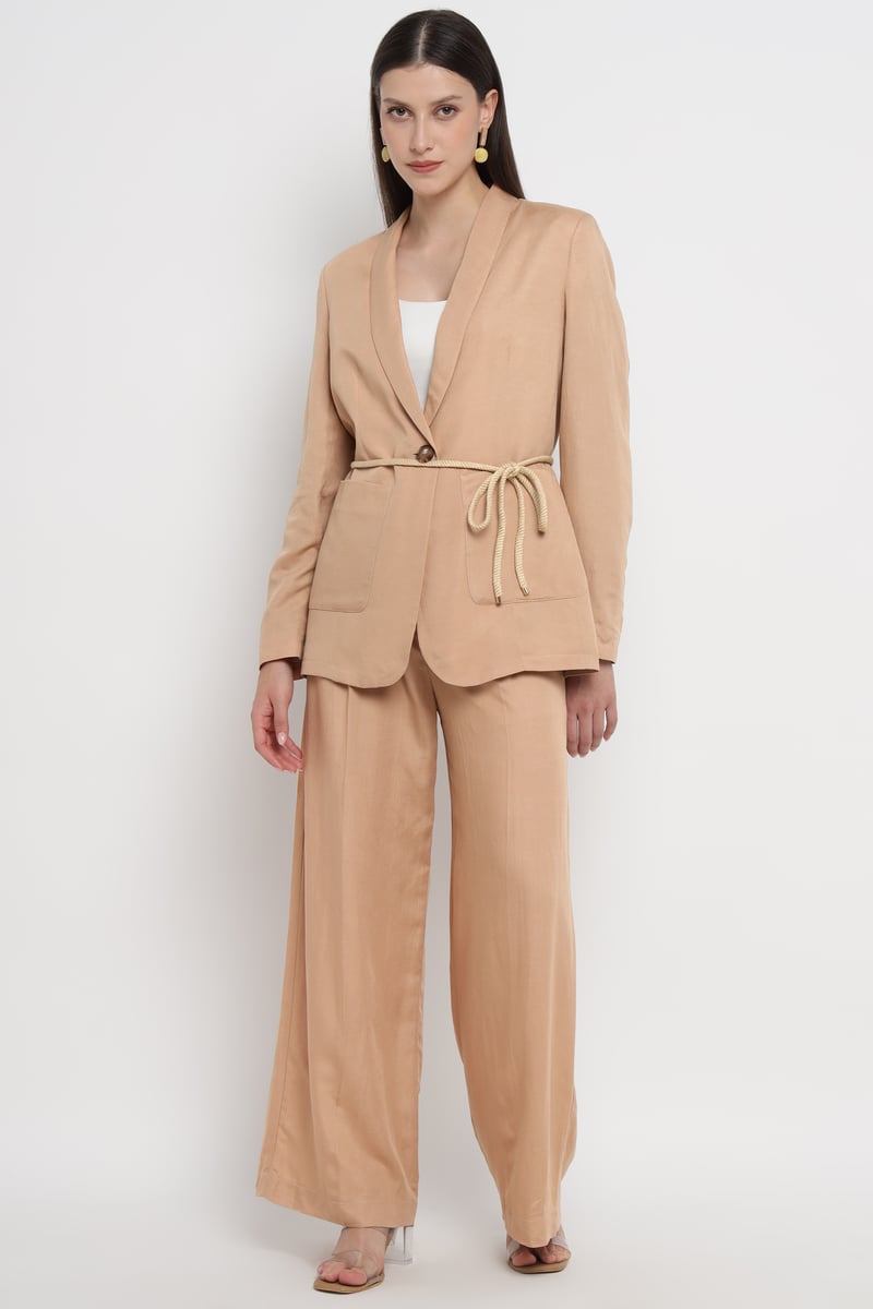 Beige High-Waist Wide-Leg Pleated Trousers