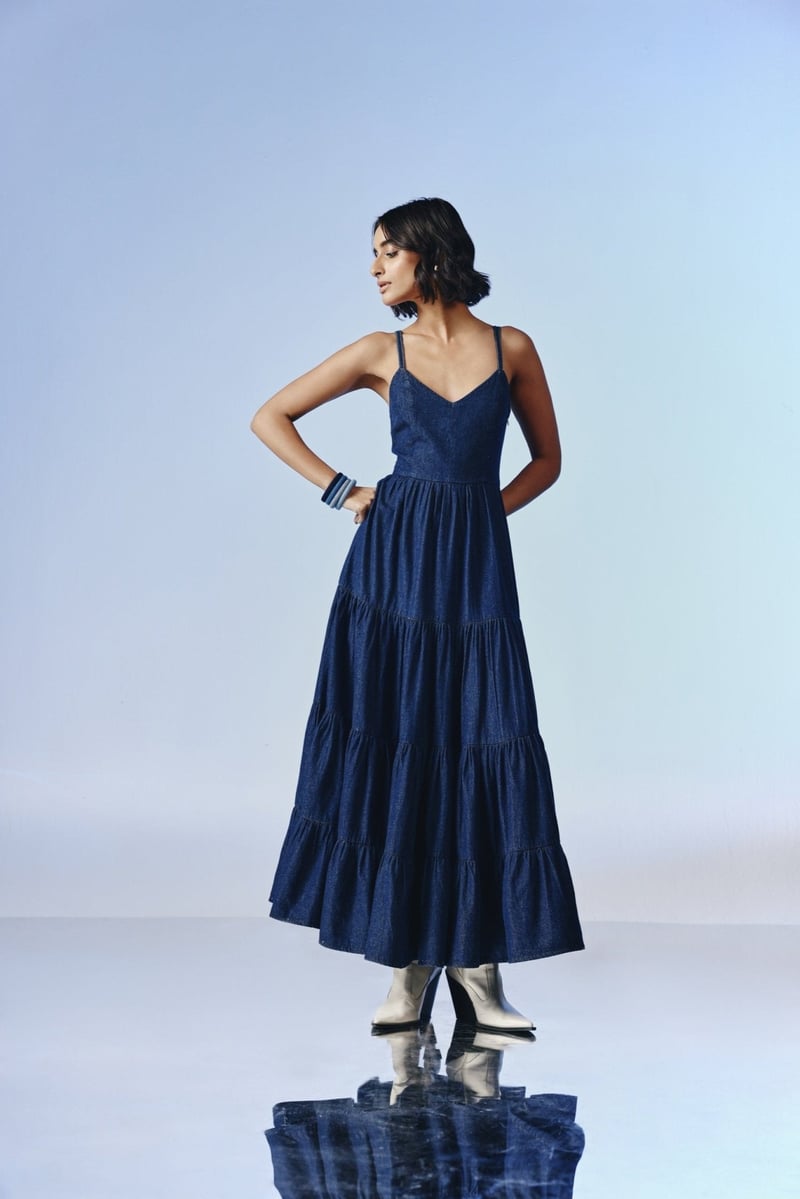 Deep Indigo Tiered Denim Maxi Dress