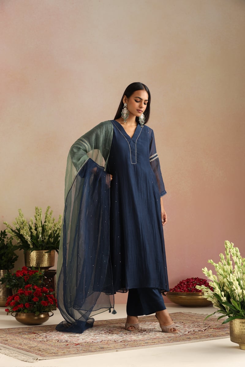 Navy Blue Silk Chanderi Embroidered Kurta Set