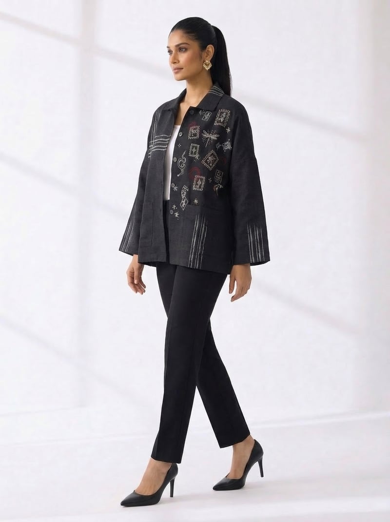 Black Ikat Anti- Fit Hand Embroidered Shirt Jacket