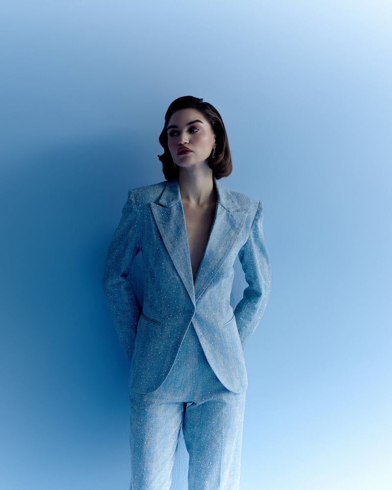 Light Blue Denim Rhinestone Blazer and Trouser Co-ord Set