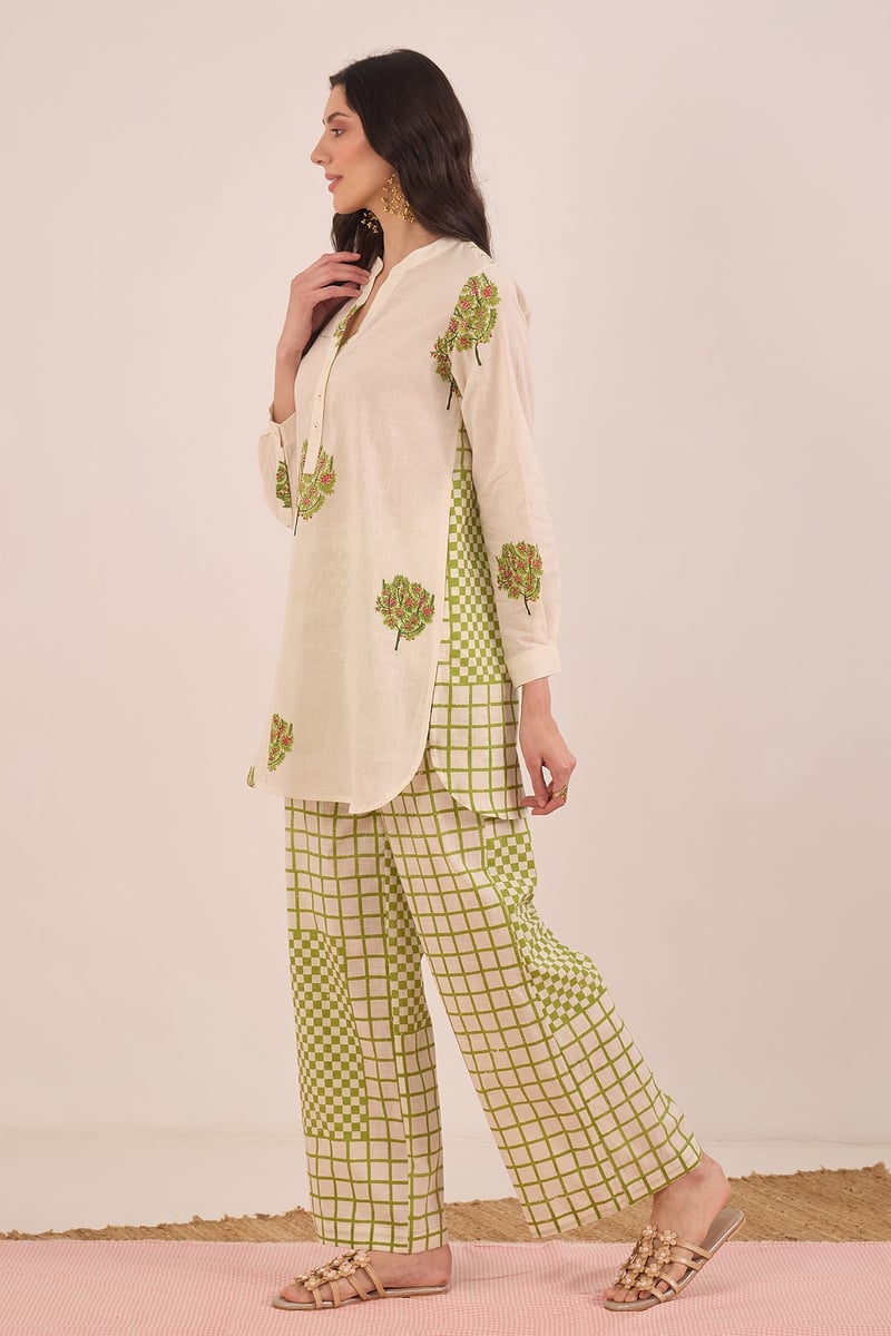 Ivory Tunic and Olive Check Wide-Leg Pants Co-ord Set