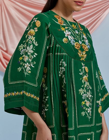 Forest Green Floral Printed A-Line Kurta