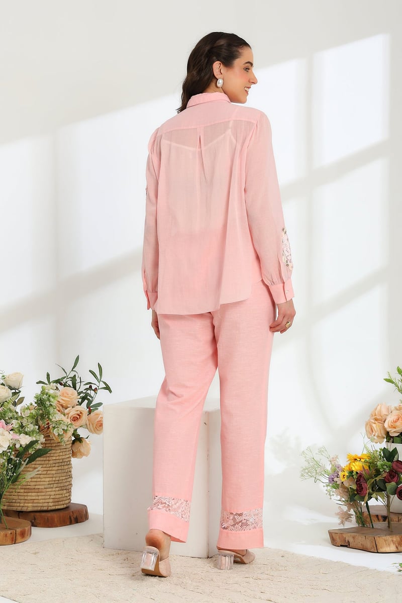 Pink Rose Garden Hand Embroidered French Lace Mul Linen Co-Ord Set