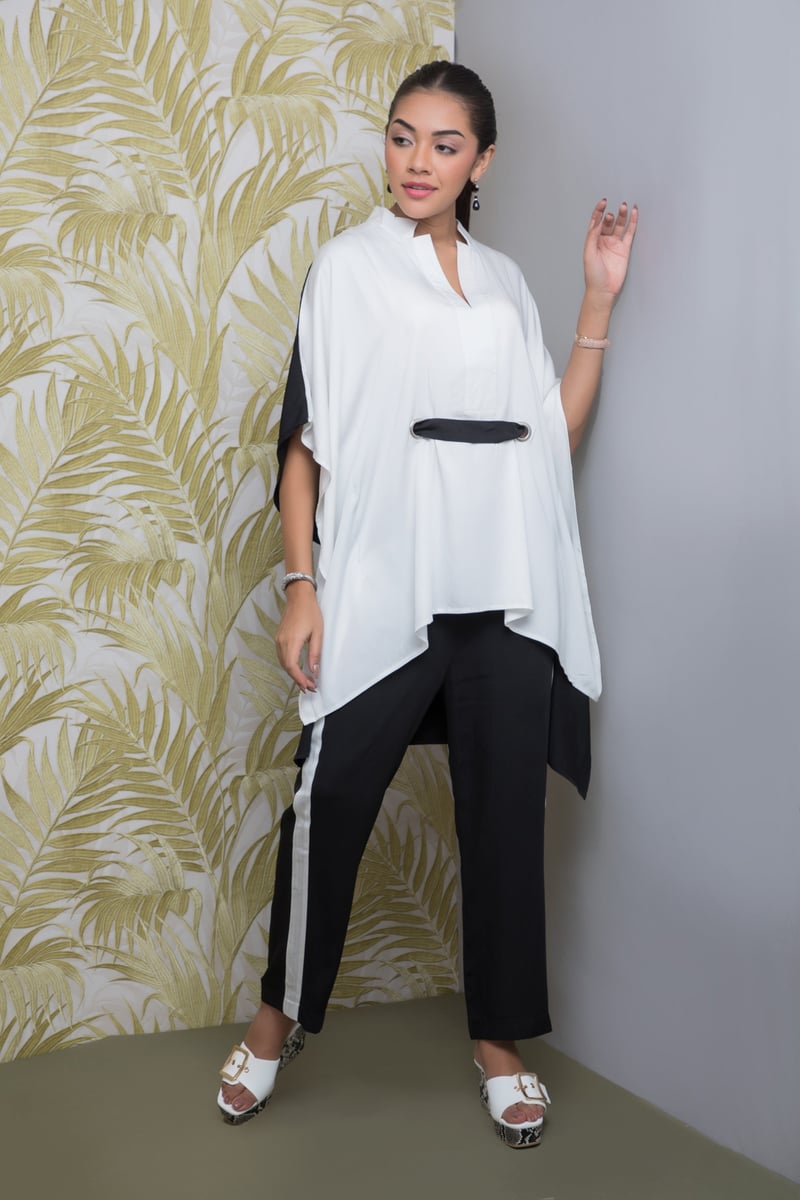 Black White Kaftan Top and Straight Pants Co-ord Set
