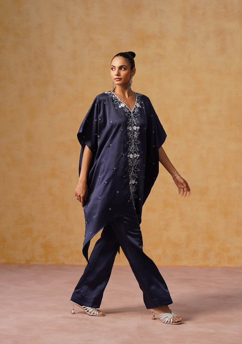Navy Satin Embellished Kaftan Co-ord Set with Pants