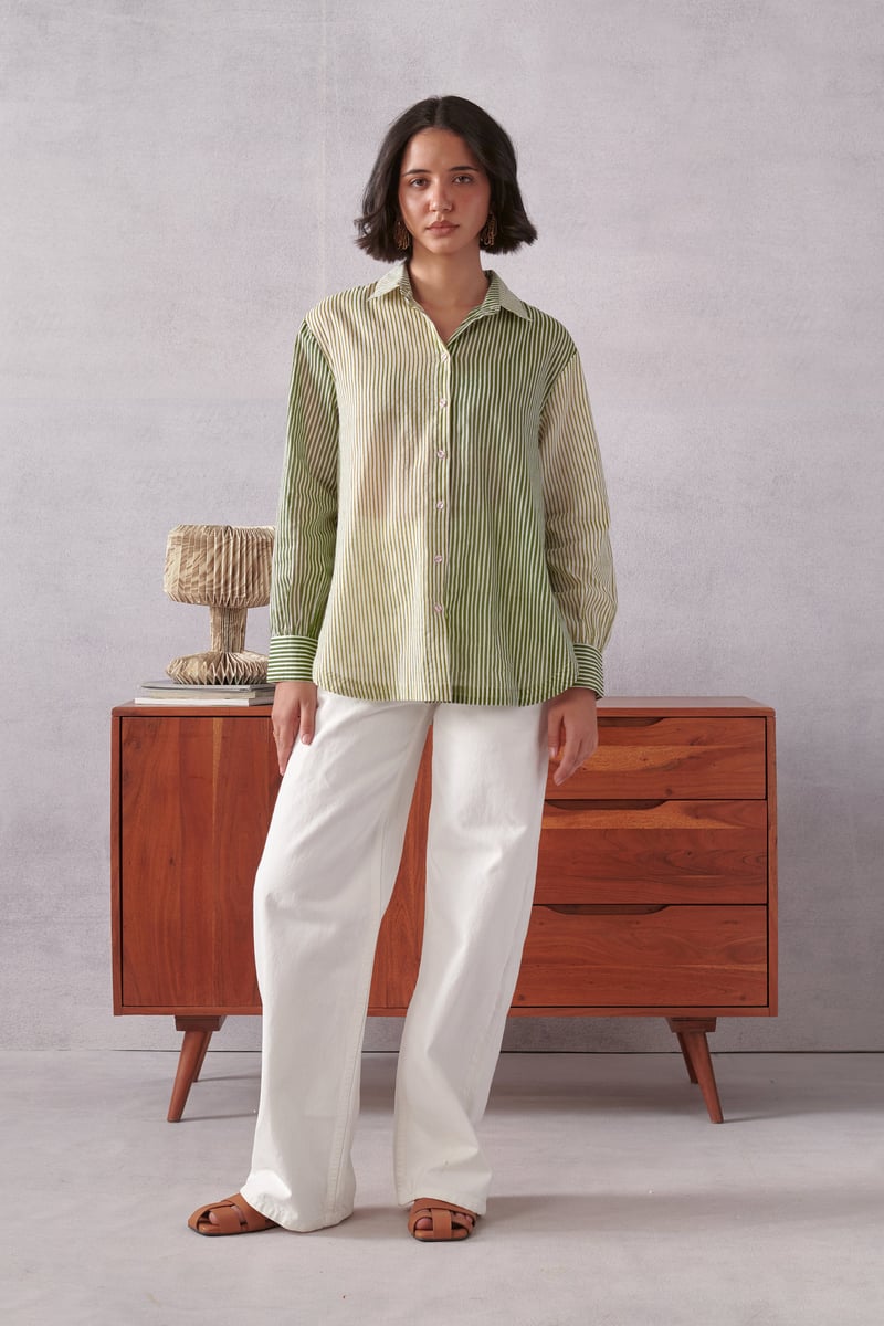 Green Striped Relaxed-Fit Cotton Button-Down Shirt