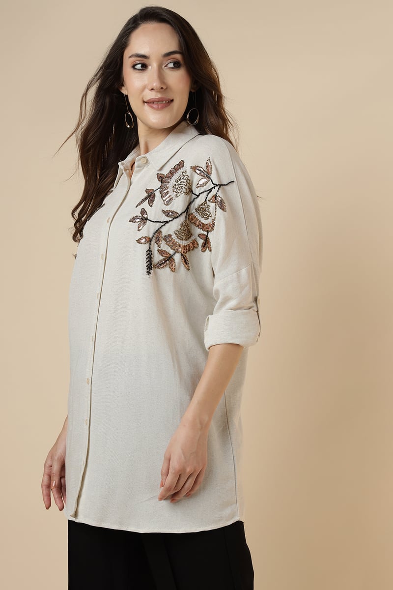 Natural Beige Embellished Longline Shirt