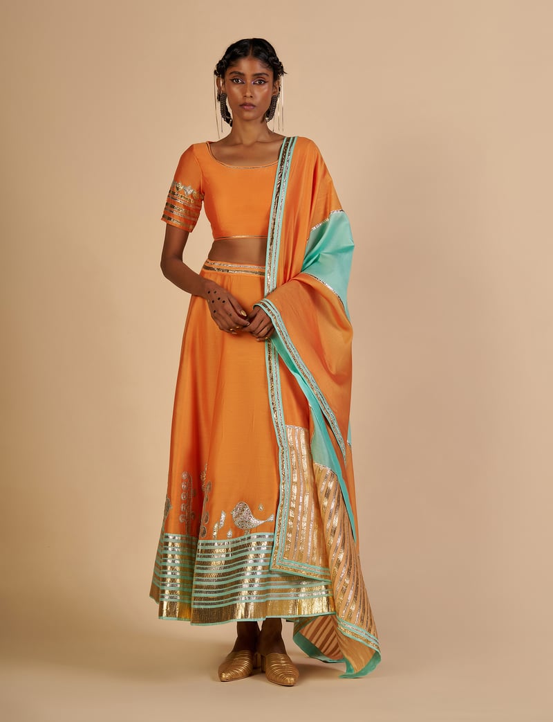 Orange Silk Chanderi Maxi Skirt with Aqua Gota Border — Gulabo by Abu Sandeep