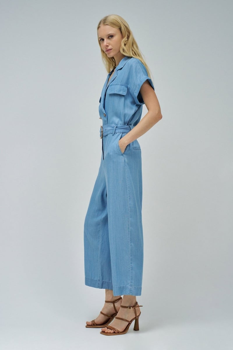 Blue Lightdenim Belted Wide-Leg Jumpsuit