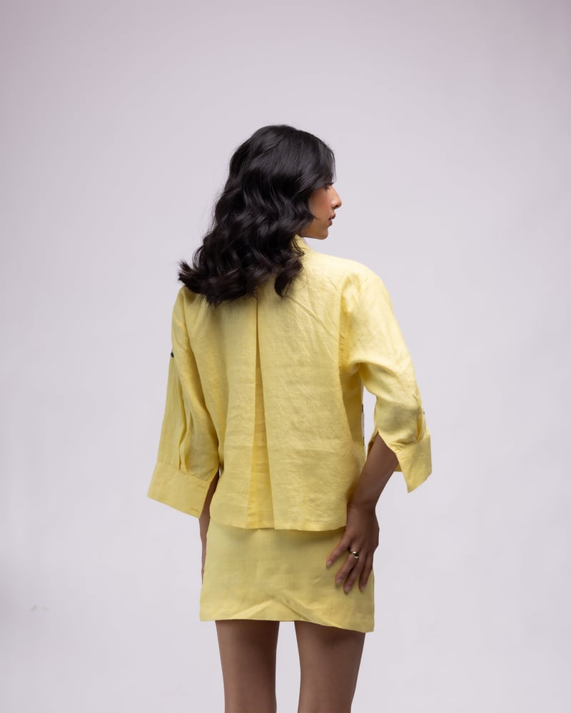 Lemon Yellow Linen Shirt with Floral Hand Embroidery