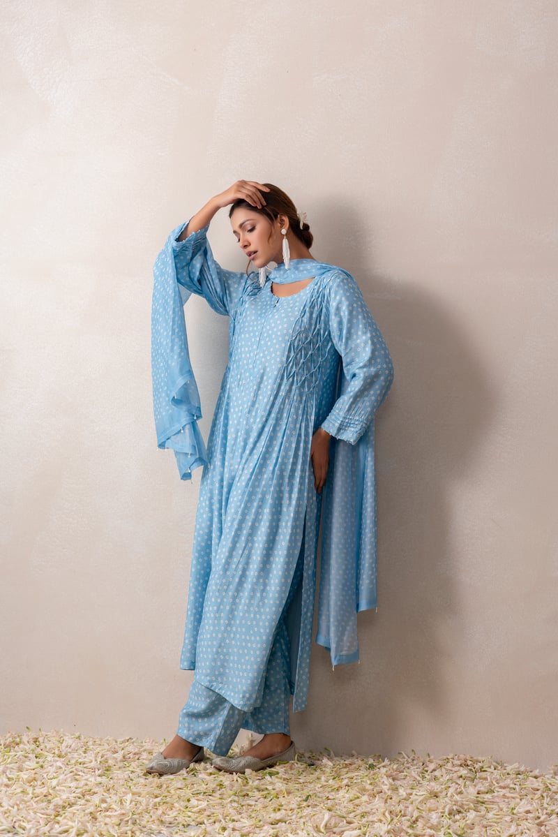 Pastel Blue Bandhani Print Straight Kurta Set with Smocking