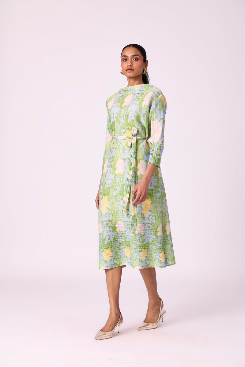Light Blue Pleated Floral Midi Dress with Belt