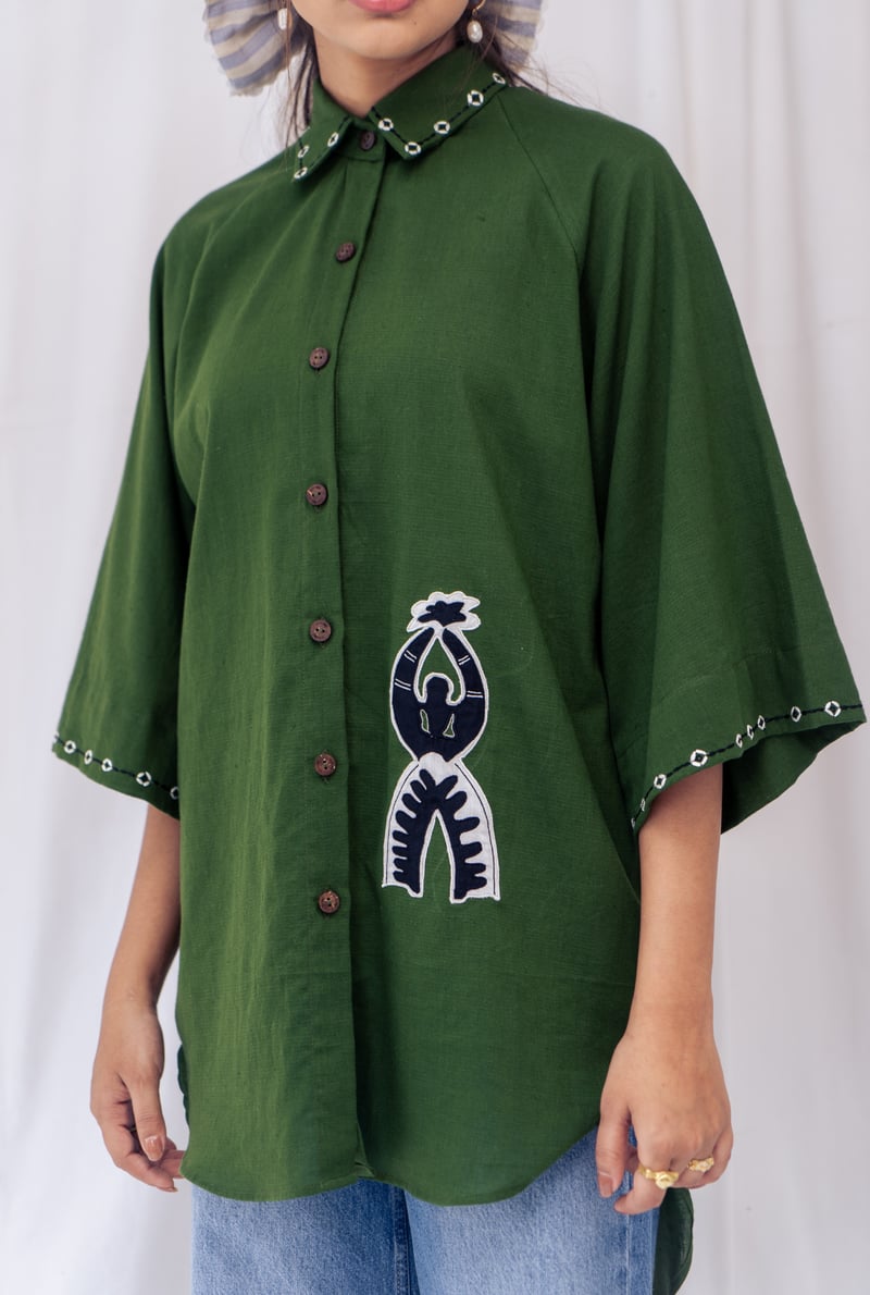 Green Oversized Kala Cotton Shirt with Applique Detail