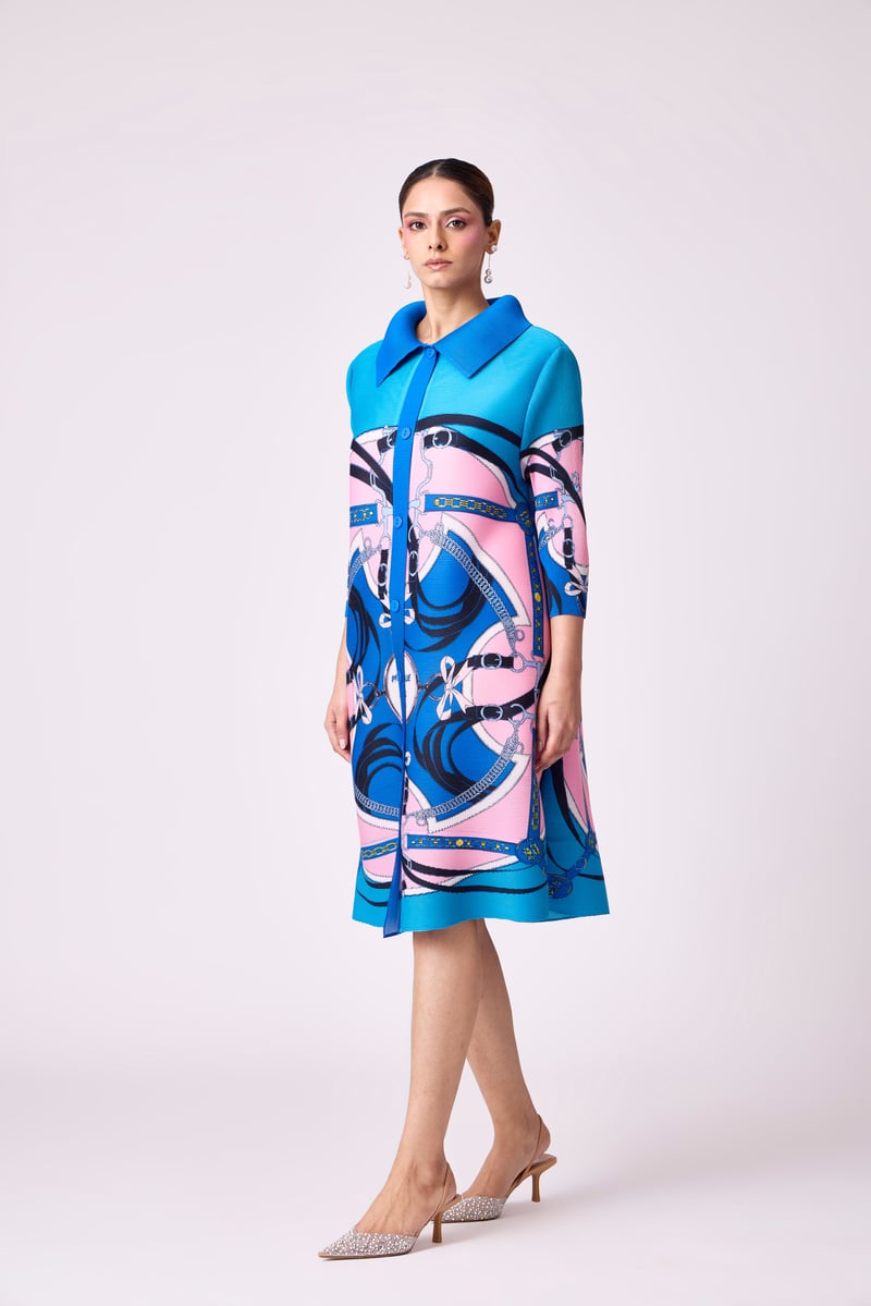 Blue Abstract Print Micro-Pleated Shirt Dress