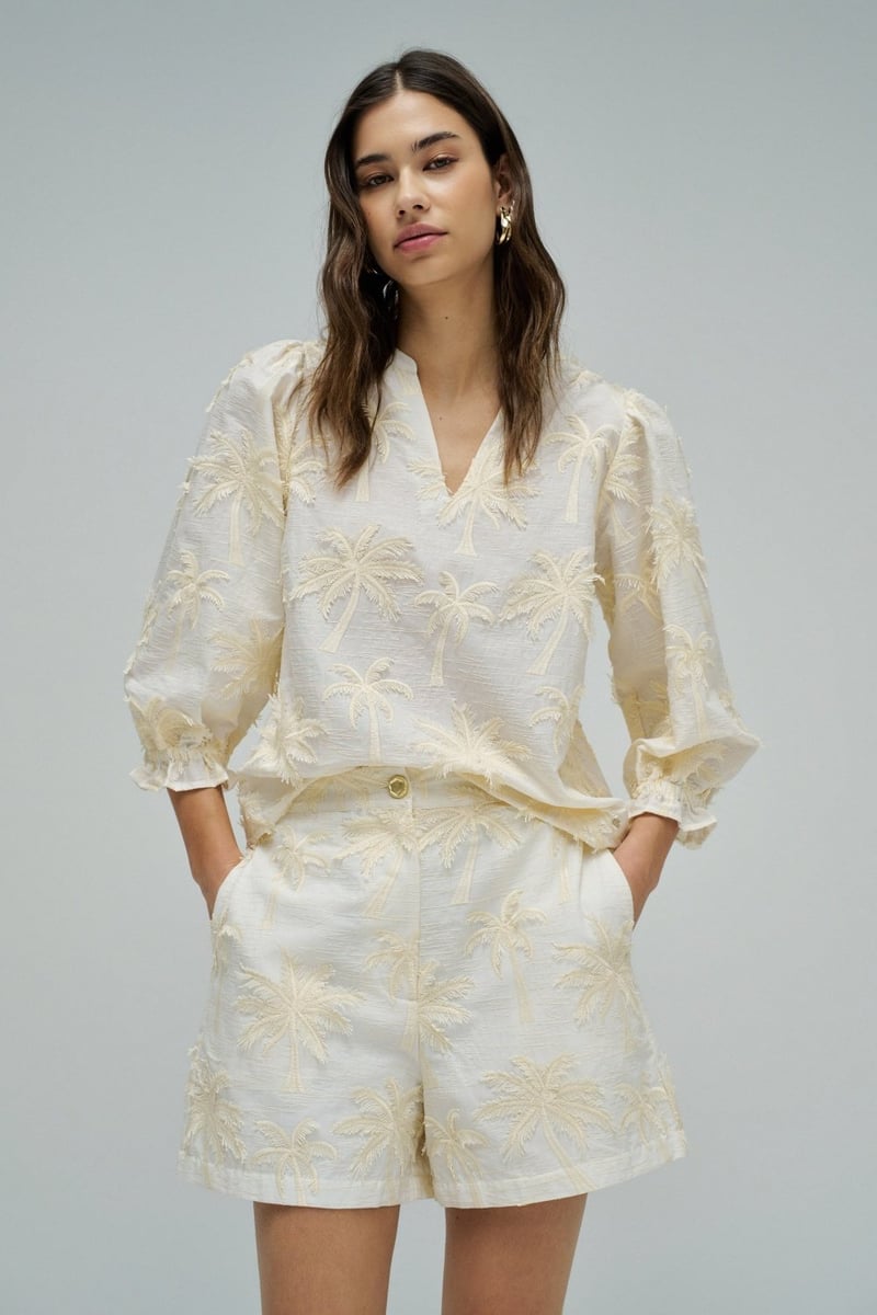 Light Pearl Palm Embroidered V-Neck Top